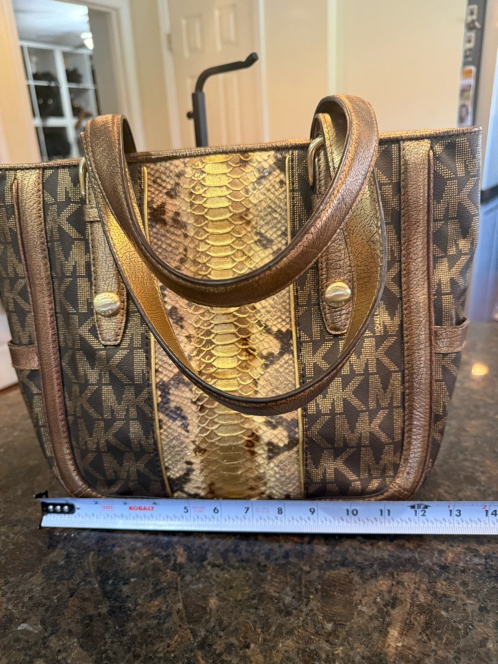 Vintage Michael Kors Brown & Gold Logo Tote with Snake-Print Center - Picture 12 of 13
